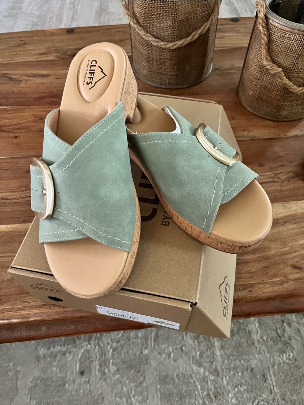 Cliffs by WHITE MOUNTAIN Mint Green Buckle Cork-Platform Slide Mules